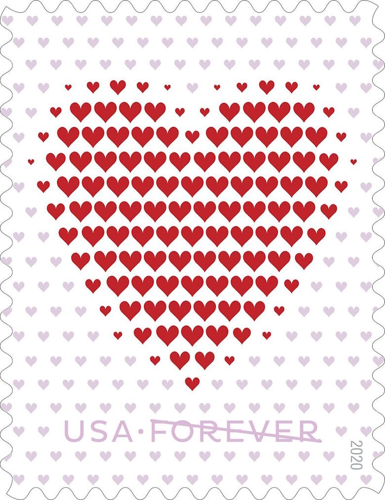 This image released by the United States Postal Service shows the Made of Hearts stamp, the latest in the U.S. Postal Service’s Love series, available now.  Made of Hearts stamp artwork features horizontal lines of red and pink hearts on a white background. Toward the center, red hearts in varying sizes replace pink hearts in a formation that creates one large red heart, the focal point of this graphic design. Antonio Alcalá designed the stamp and was art director for this project.  (USPS via AP)