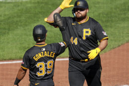 Pittsburgh Pirates' Rowdy Tellez (44) celebrates with Nick Gonzales after hitting a two-run home run off Washington Nationals relief pitcher Jacob Barnes during the seventh inning of the first baseball game of a split doubleheader in Pittsburgh, Saturday, Sept. 7, 2024. (AP Photo/Gene J. Puskar)