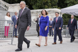 From right, House Majority Leader Steve Scalise, R-La., Speaker of the House Mike Johnson, R-La., Sen. Deb Fischer, R-Neb., and Senate Majority Leader Chuck Schumer, D-N.Y., arrive to the First Nail Ceremony marking the beginning of construction of the 2025 Presidential Inauguration platform, on the steps of the Capitol, Wednesday, Sept. 18, 2024, in Washington. (AP Photo/Mariam Zuhaib)