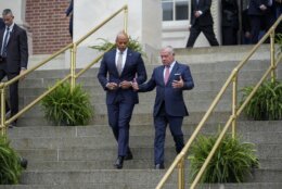 Maryland Gov. Wes Moore, left, walks with King Abdullah II ibn Al Hussein of Jordan at the Maryland State House in Annapolis, Md., after participating in a roundtable discussion, Wednesday, Sept. 25, 2024. (AP Photo/Stephanie Scarbrough)