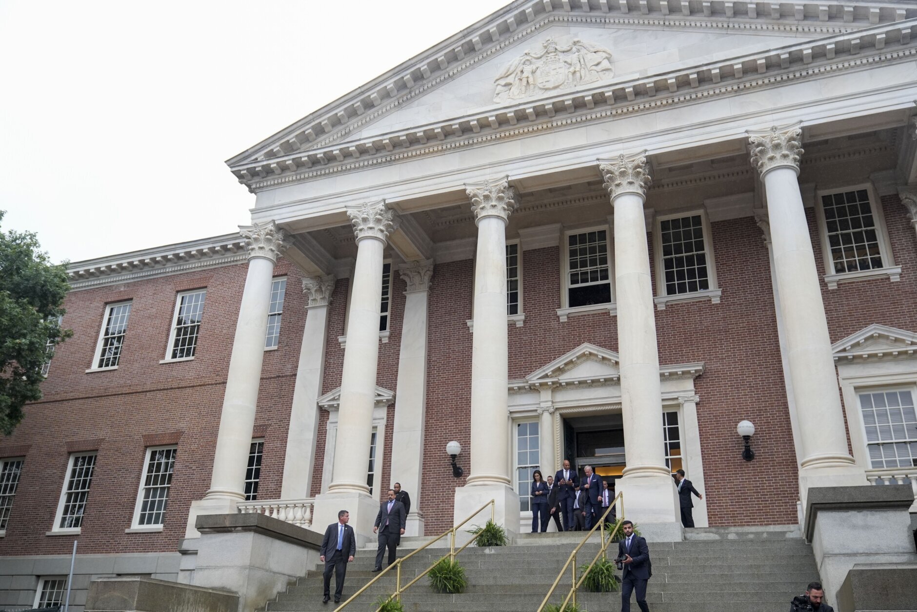 Maryland Gov. Wes Moore walks with King Abdullah II ibn Al Hussein of Jordan at the Maryland State House in Annapolis, Md., after participating in a roundtable discussion, Wednesday, Sept. 25, 2024. (AP Photo/Stephanie Scarbrough)