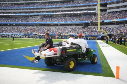 Chiefs WR Rashee Rice leaves field on cart with injury after collision with Patrick Mahomes