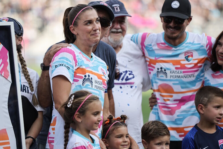 SAN DIEGO, CALIFORNIA - SEPTEMBER 08: Alex Morgan #13 of San Diego Wave FC is recognized for her career before the game against North Carolina Courage at Snapdragon Stadium on September 08, 2024 in San Diego, California. (Photo by Meg Oliphant/Getty Images)