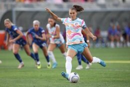 SAN DIEGO, CALIFORNIA - SEPTEMBER 08: Alex Morgan #13 of San Diego Wave FC takes a penalty shot in the first half against North Carolina Courage at Snapdragon Stadium on September 08, 2024 in San Diego, California. (Photo by Meg Oliphant/Getty Images)