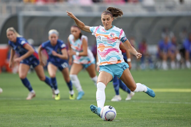 SAN DIEGO, CALIFORNIA - SEPTEMBER 08: Alex Morgan #13 of San Diego Wave FC takes a penalty shot in the first half against North Carolina Courage at Snapdragon Stadium on September 08, 2024 in San Diego, California. (Photo by Meg Oliphant/Getty Images)