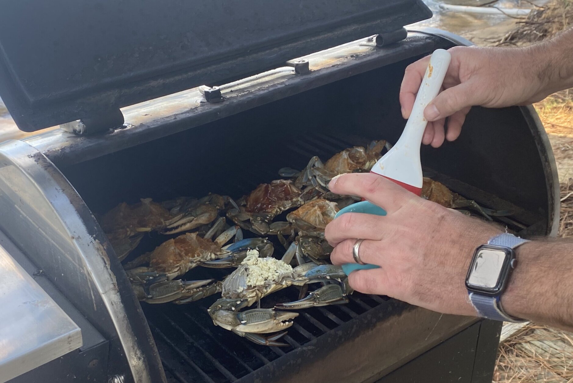 Hands slather butter and seasoning on crabs on a grill