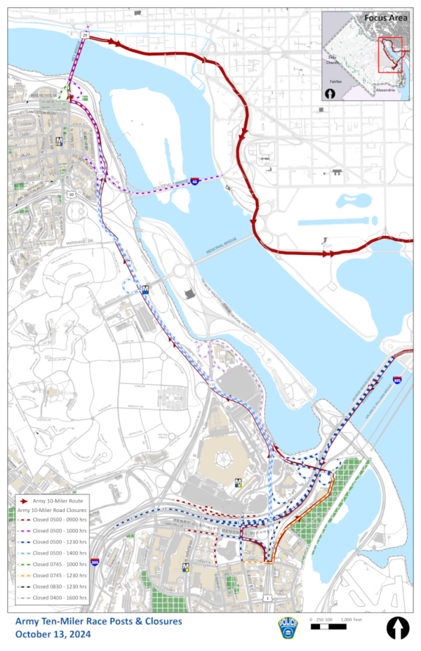 a map shows a race route and road closures