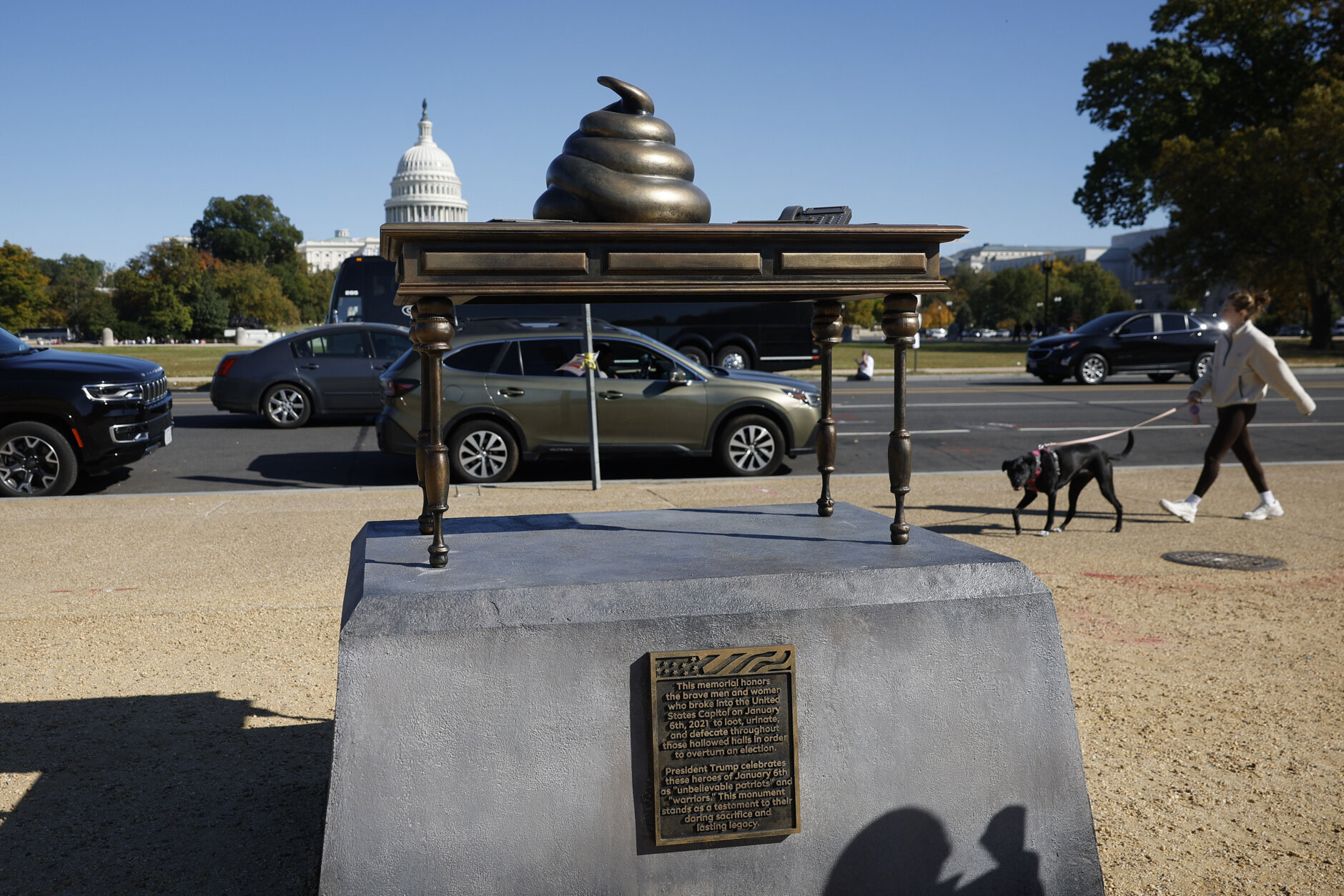 WASHINGTON, DC - OCTOBER 24: A satirical art installation that "honors" those who participated in the Jan 6, 2021 riot at the U.S. Capitol is seen on the National Mall in on October 24, 2024 in Washington, DC. The temporary art installation depicts an emoji-style poop on top of then-Speaker of the House Nancy Pelosi’s desk. (Photo by Kevin Dietsch/Getty Images)