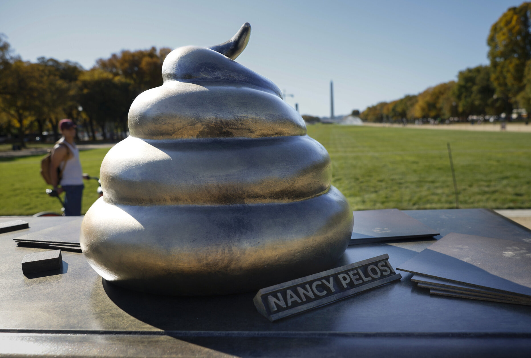 WASHINGTON, DC - OCTOBER 24: A satirical art installation that "honors" those who participated in the Jan 6, 2021 riot at the U.S. Capitol is seen on the National Mall in on October 24, 2024 in Washington, DC. The temporary art installation depicts an emoji-style poop on top of then-Speaker of the House Nancy Pelosi’s desk. (Photo by Kevin Dietsch/Getty Images)