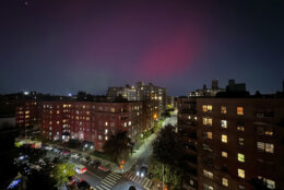 An aurora borealis, also known as the northern lights, glows in the night sky above apartment buildings in the Queens borough of New York, Thursday, Oct. 10, 2024. (AP Photo/Daniel P. Derella)