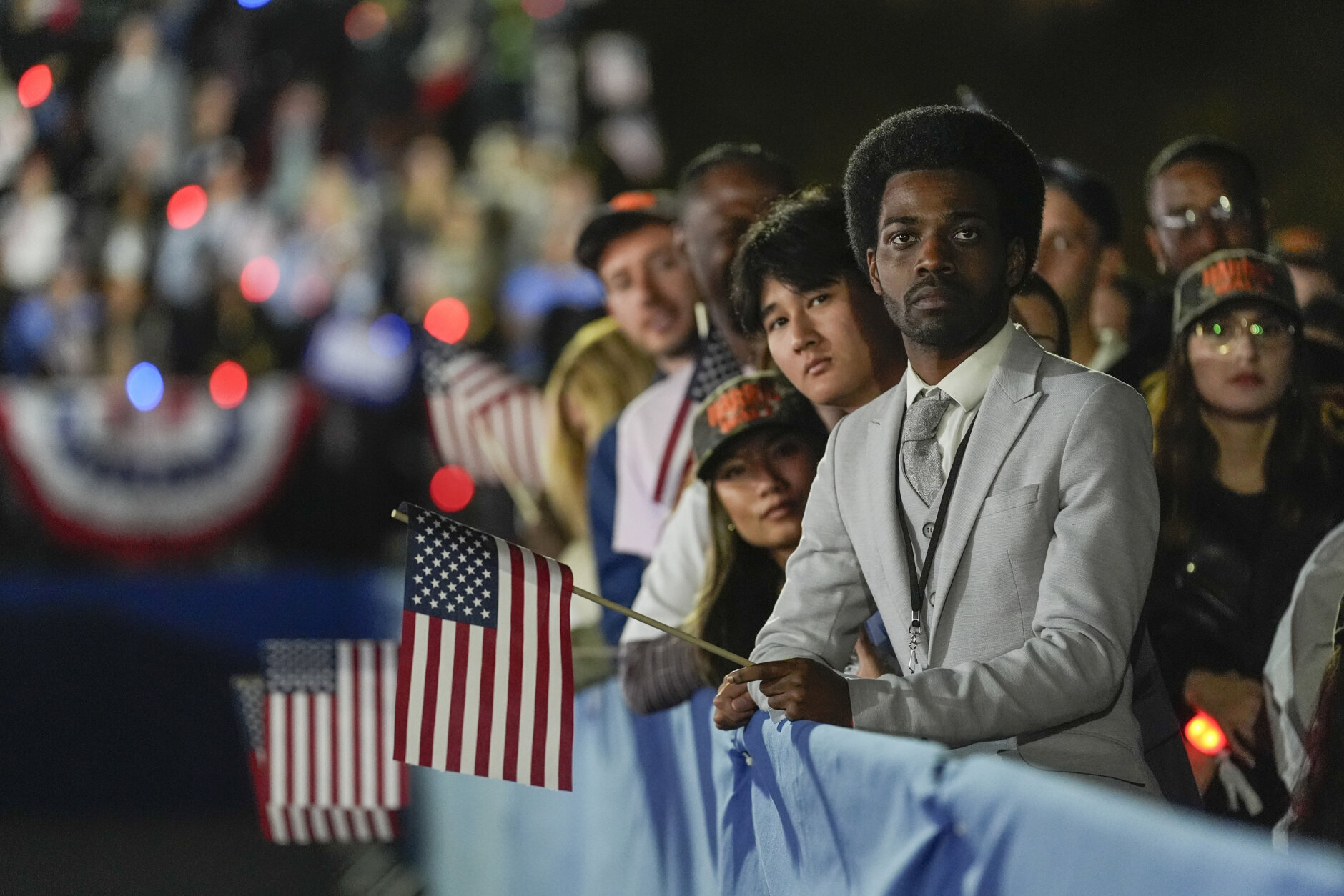 Supporters wait for the arrival of Democratic presidential nominee Vice President Kamala Harris at a campaign rally in Washington on Tuesday, Oct 29, 2024. (AP Photo/Jacquelyn Martin)