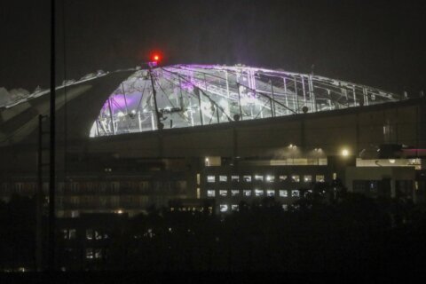 Milton destroys the roof of the Rays’ stadium, littering the field below with debris