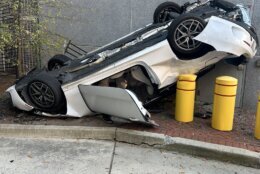 It landed upside down, near a loading dock and an entrance to the garage.