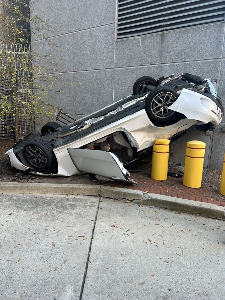 It landed upside down, near a loading dock and an entrance to the garage.