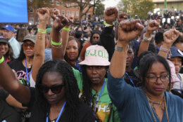 Supporters react as Vice President Kamala Harris delivers a concession speech after the 2024 presidential election, Wednesday, Nov. 6, 2024, on the campus of Howard University in Washington. (AP Photo/Jacquelyn Martin)