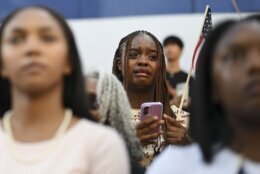 A supporter of Vice President Kamala Harris reacts as she delivers a concession speech for the 2024 presidential election on the campus of Howard University, Wednesday, Nov. 6, 2024, in Washington. (AP Photo/Terrance Williams)