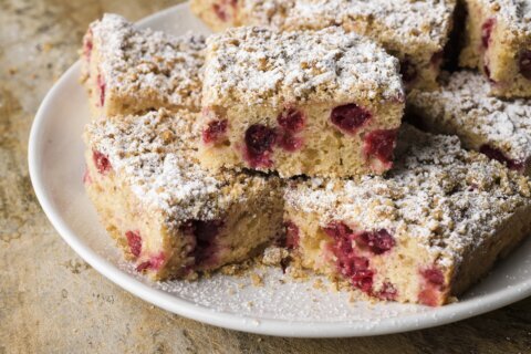 Sweet-tart cranberries and candied ginger make this buckle the perfect holiday treat