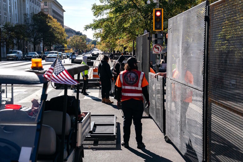 WASHINGTON, DC - NOVEMBER 03:  Workers erect anti-scale fencing around the White House and the Treasury Department along 15th St NW on November 03, 2024 in Washington, DC. The nation's capital is bracing for protests and potential unrest, as a contentious Election Day is approaching.  (Photo by Kent Nishimura/Getty Images)