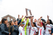 The Howard University women's soccer team celebrates a win over the Fairleigh Dickinson University Knights on Nov. 10, 2024.