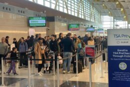 dozens of travelers wait in line at Reagan Airport