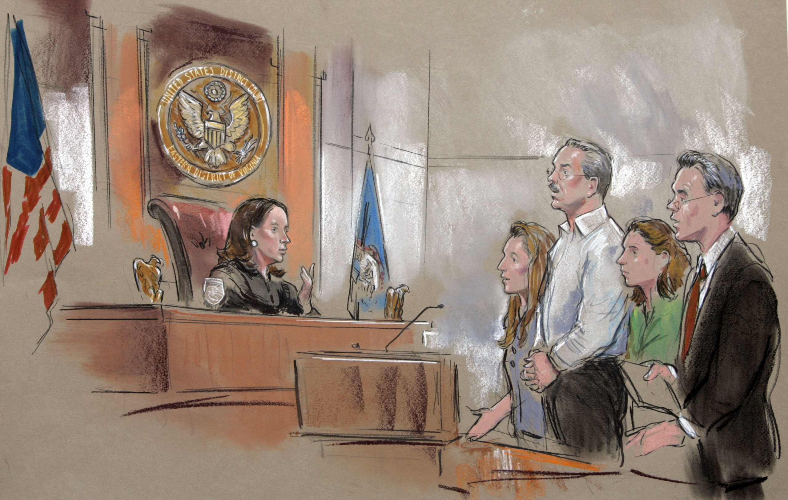 An artist rendering shows Texas billionaire R. Allen Stanford flanked by his attorneys Christina Sarchio and Maria Jankowski