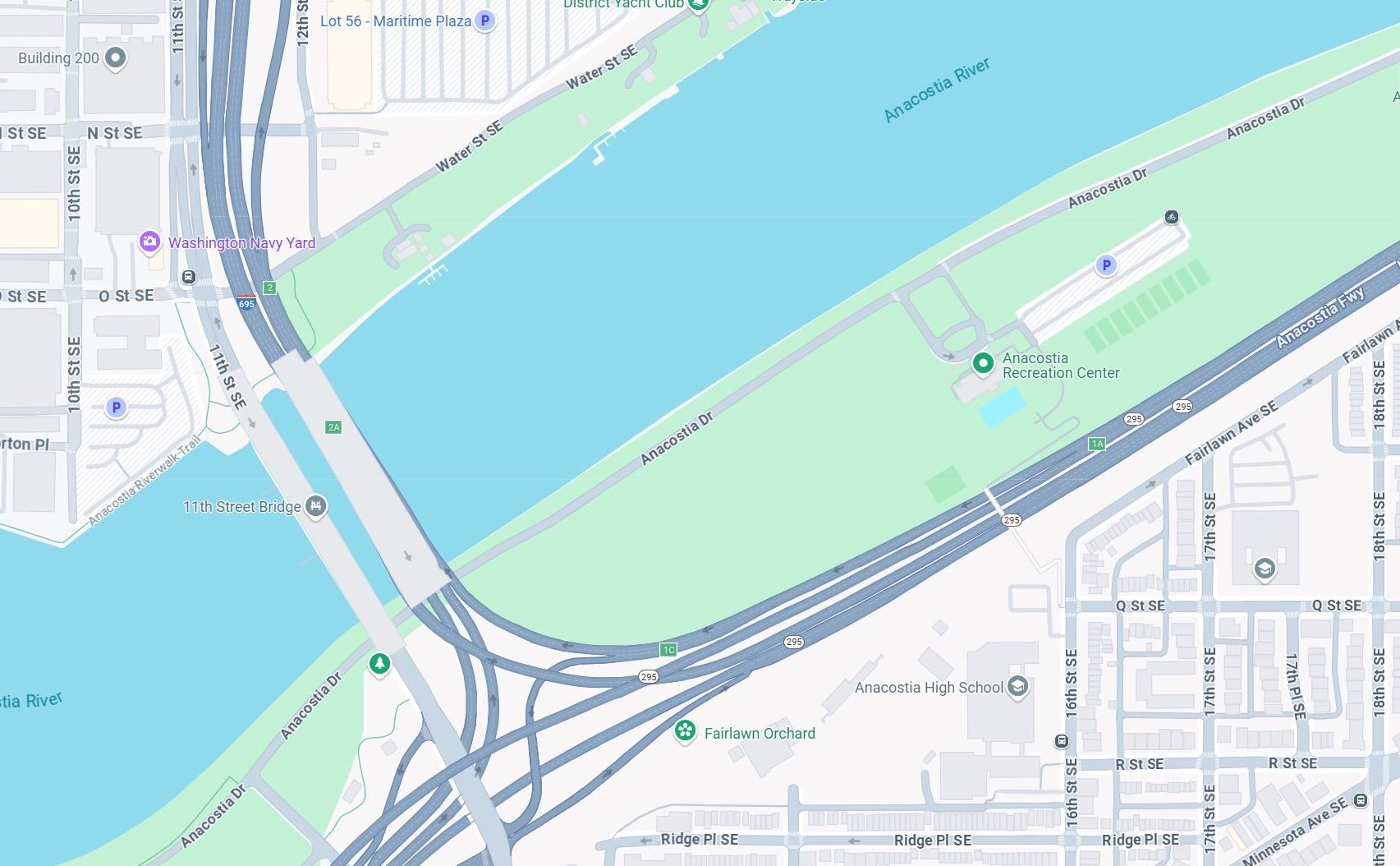 Map of the area where the accident happened on the Anacostia Freeway