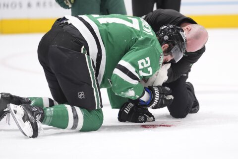 Stars forward Mason Marchment taken to hospital after getting hit in face by puck