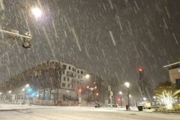 Snow falling outside WTOP's headquarters