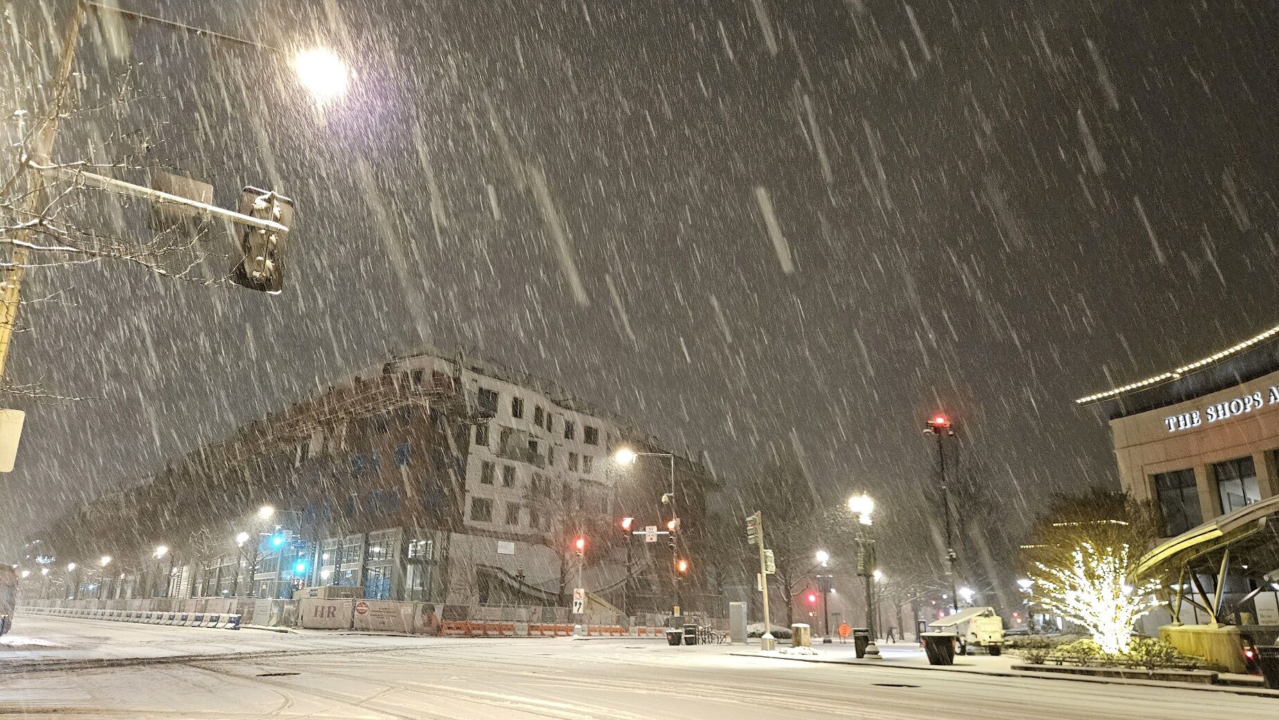 Snow falling outside WTOP's headquarters