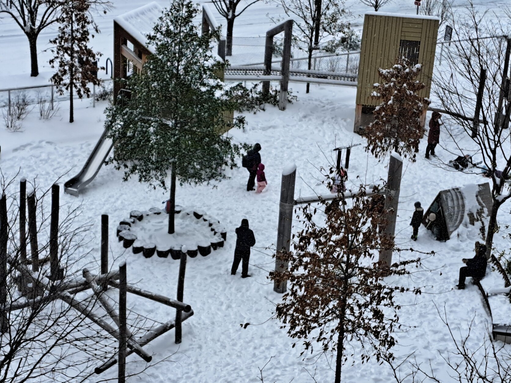 Families enjoy the snowfall at Metropolitan Park in Arlington, Virginia, on Jan. 6, 2025.