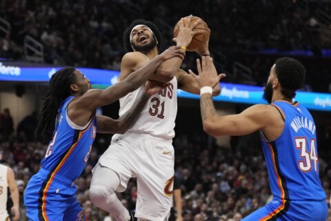 Cavaliers beat Thunder 129-122 to end OKC’s 15-game winning streak in matchup of NBA’s top teams