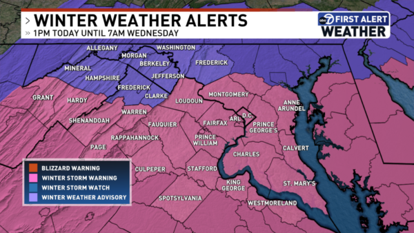 Winter weather alert map of the DC region