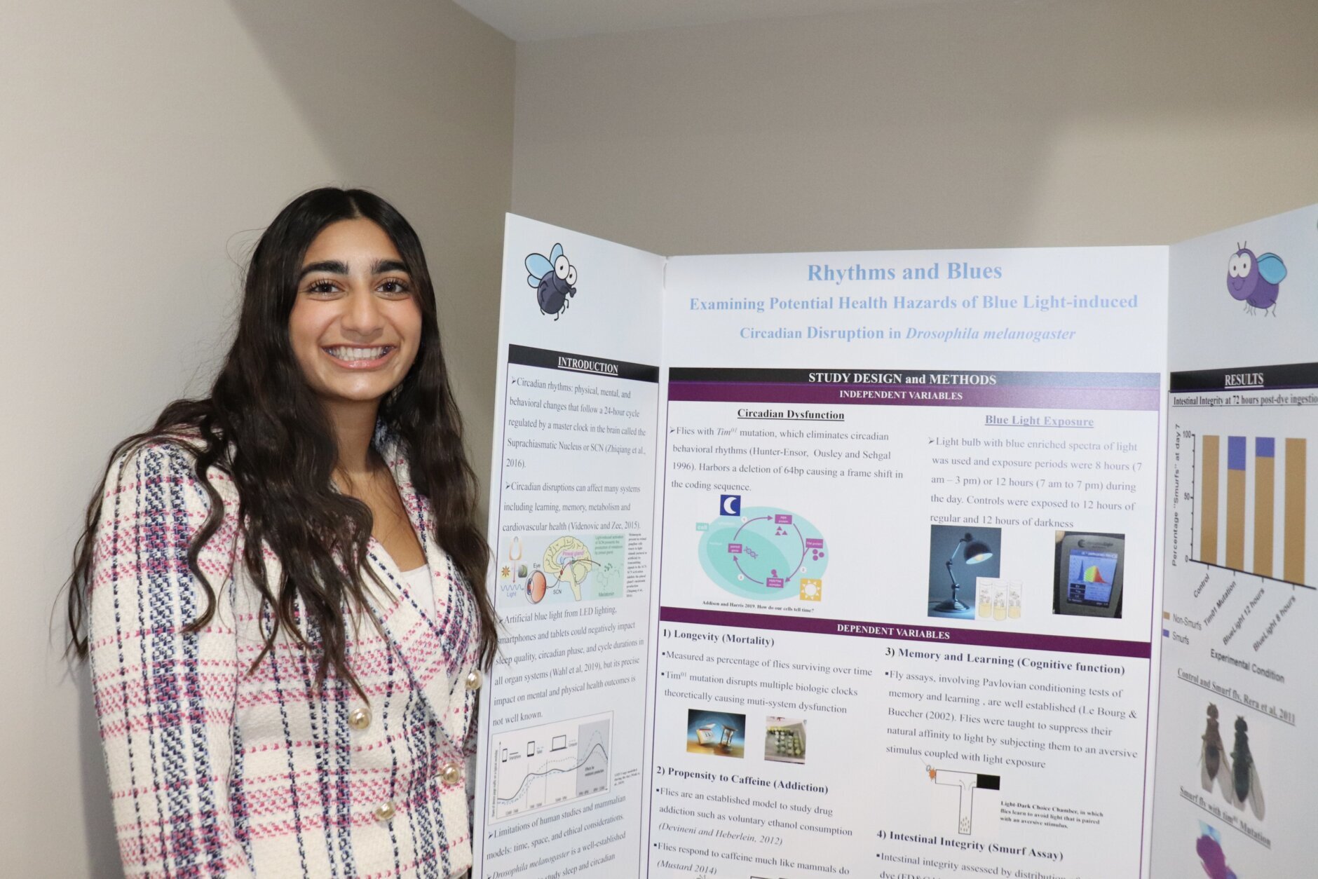 A girl stands in front of a poster