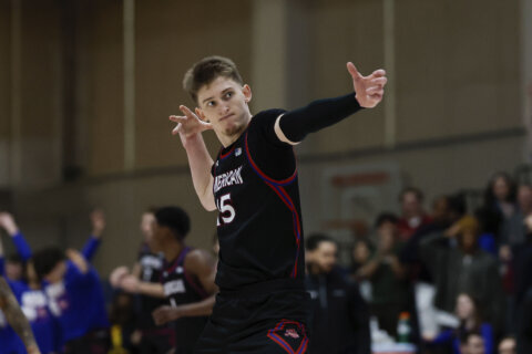 American University rides 25 points from Matt Rogers to Patriot League championship, 74-52 over Navy