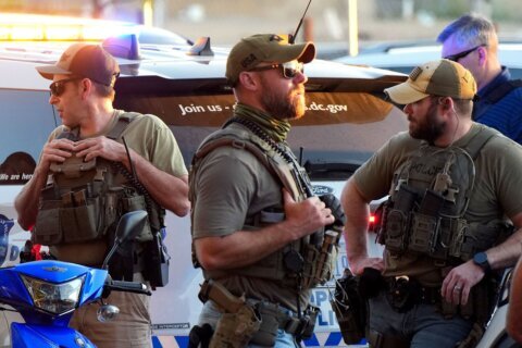 Homeland Security Investigations officers work alongside officers with the Metropolitan Police Department at a checkpoint on North Capitol Street in Washington, DC, on August 25.