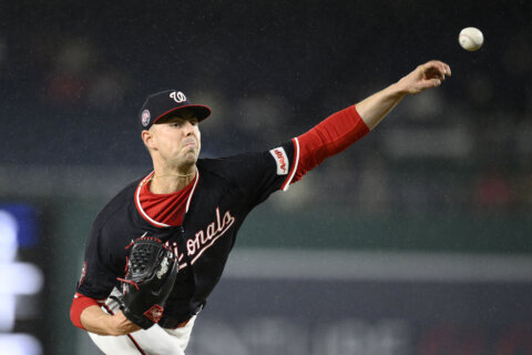 Washington Nationals starting pitcher MacKenzie Gore throws during the first inning of the second baseball game of a doubleheader against the Atlanta Braves, Tuesday, Sept. 16, 2025, in Washington. (AP Photo/Nick Wass)