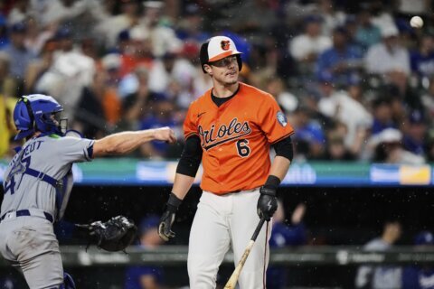Orioles first baseman Ryan Mountcastle hit on the right hand by a pitch