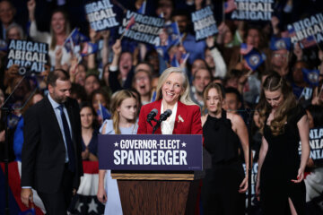 RICHMOND, VIRGINIA - NOVEMBER 04: Virginia Democratic gubernatorial candidate, former Rep. Abigail Spanberger delivers remarks at her election night watch party at the Greater Richmond Convention Center on November 04, 2025 in Richmond, Virginia. Spanberger defeated Republican gubernatorial candidate Lieutenant Gov. Winsome Earle-Sears to become the first female governor in the commonwealth’s history in an election that was seen as a national political bellwether leading into the midterms. (Photo by Alex Wong/Getty Images)