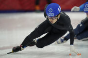 Brandon Kim (18) competes in the men's 1500-meter semifinal during the U.S. Olympic short track speedskating trials Saturday, Dec. 18, 2021, in Kearns, Utah. (AP Photo/Rick Bowmer)