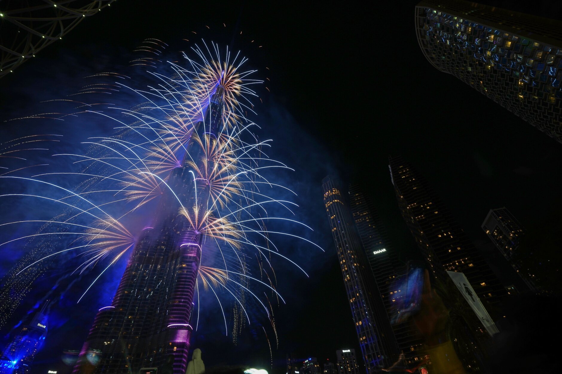 Fireworks explode around the Burj Khalifa in Dubai