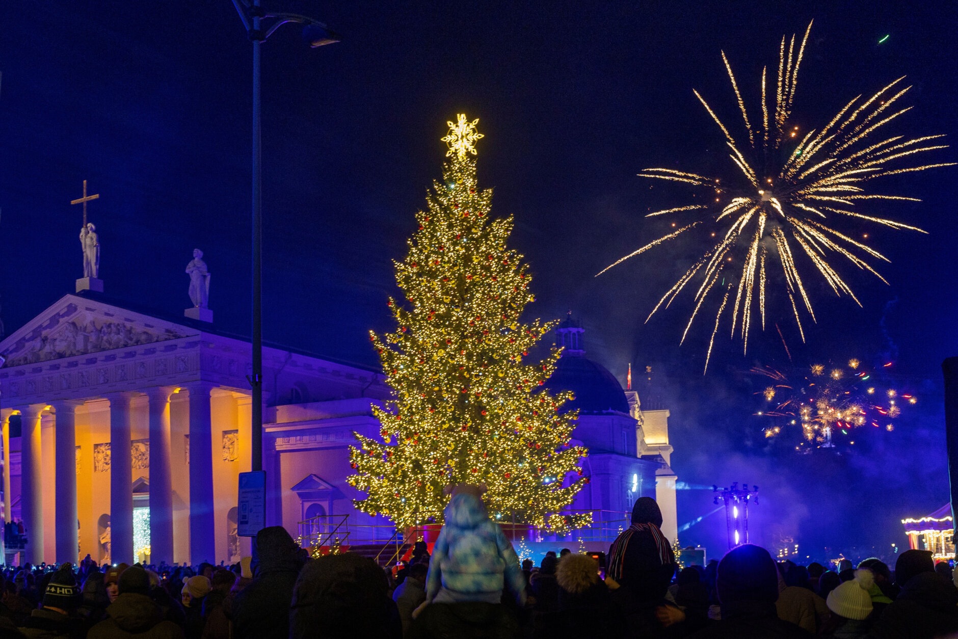 fireworks in the Cathedral Square, in Vilnius, Lithuania