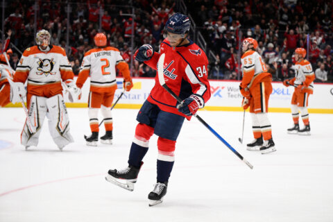 Justin Sourdif scores his first hat trick to lead the Capitals to a 7-4 win over the Ducks