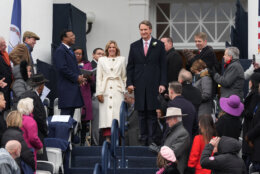 Va. Gov. Glenn Youngkin arrives with his wife before Virginia gov.-elect Abigail Spanberger inauguration at the Capitol in Richmond, Va., Saturday Jan. 17, 2026. (AP Photo/Stephanie Scarbrough)
