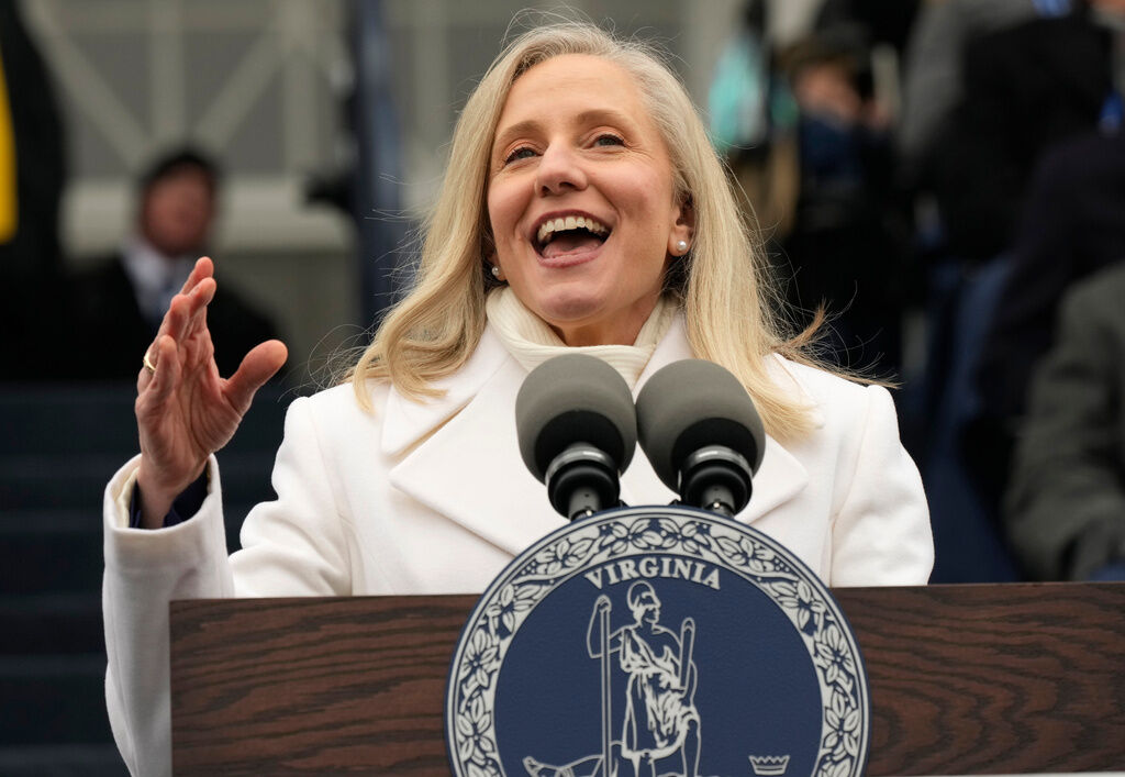 Gov. Abigail Spanberger delivers her inaugural address after she was sworn in as Virginia’s first female governor, at the Capitol in Richmond Va., Saturday, Jan. 17, 2026. (AP Photo/Steve Helber)