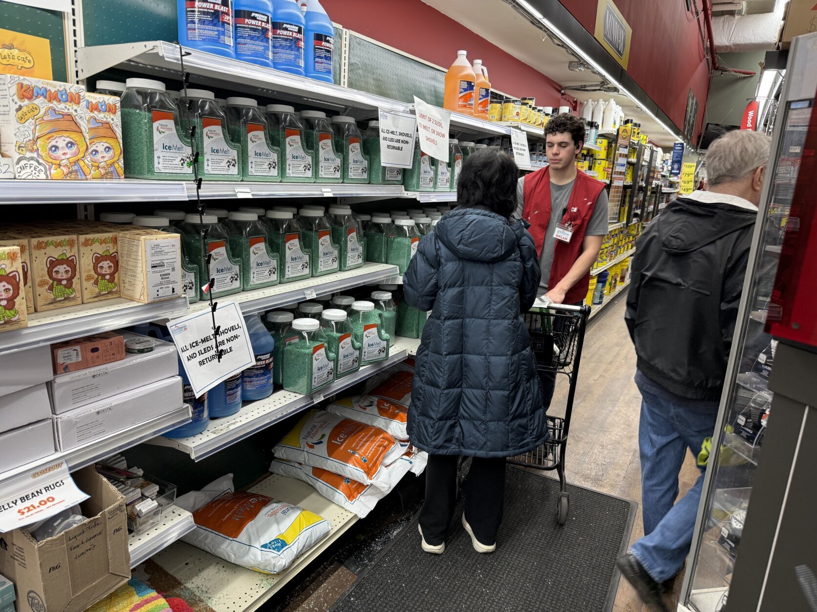 The rush is already underway at Strosniders Hardware as forklifts move pallet after pallet of ice melt and firewood across the store.