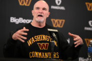 Washington Commanders head coach Dan Quinn speaks to the media during an NFL football press conference, Tuesday, Feb. 10, 2026, in Ashburn, Va. (AP Photo/Nick Wass)