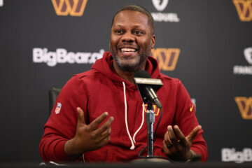 Washington Commanders defensive coordinator Daronte Jones speaks to the media during an NFL football press conference, Tuesday, Feb. 10, 2026, in Ashburn, Va. (AP Photo/Nick Wass)