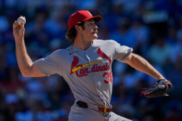 FILE - St. Louis Cardinals starting pitcher Miles Mikolas throws during the first inning of a baseball game against the Chicago Cubs on Sept. 26, 2025, in Chicago. (AP Photo/Erin Hooley, File)