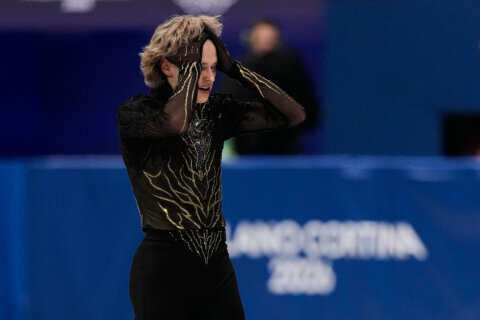 figure skater with hands on head in disappointment