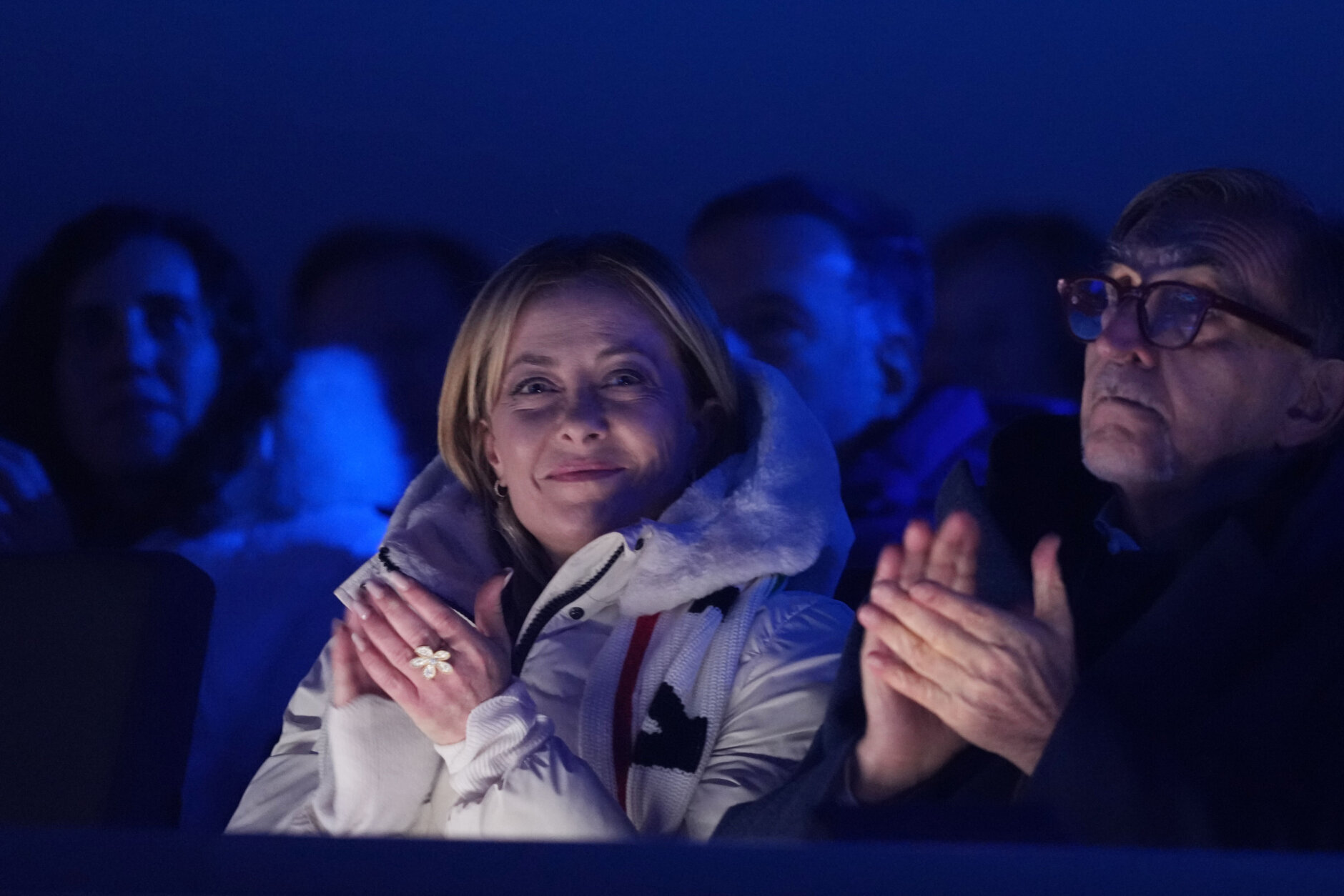 Italy's Prime Minister Giorgia Meloni attends the closing ceremony of the 2026 Winter Olympics, in Verona, Italy, Sunday, Feb. 22, 2026. (AP Photo/Natacha Pisarenko)